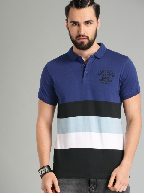 

Roadster Men Blue & Black Striped Polo T-shirt