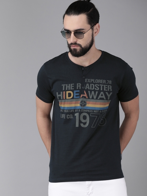 

Roadster Men Navy Blue Printed Henley Neck T-shirt