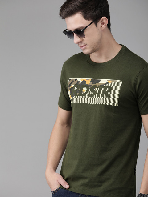 

The Roadster Lifestyle Co Men Olive Green Printed Round Neck Pure Cotton T-shirt