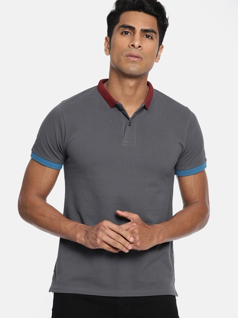 Roadster Men Grey Solid Polo Collar T-shirt