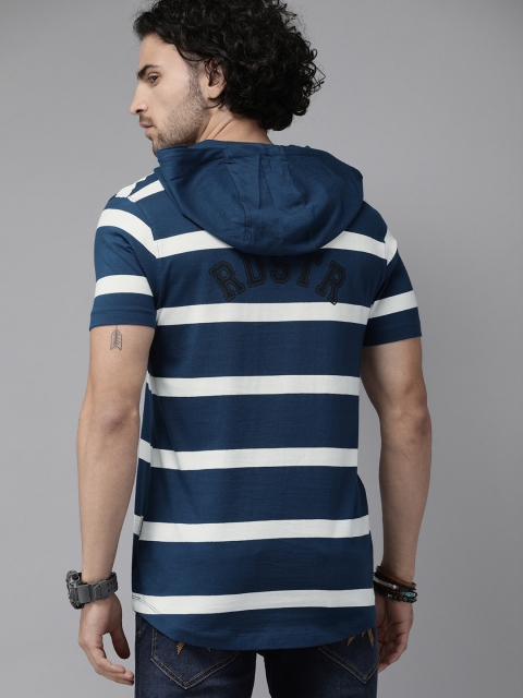 

The Roadster Lifestyle Co Men Navy Blue White Striped Hood Pure Cotton T-shirt