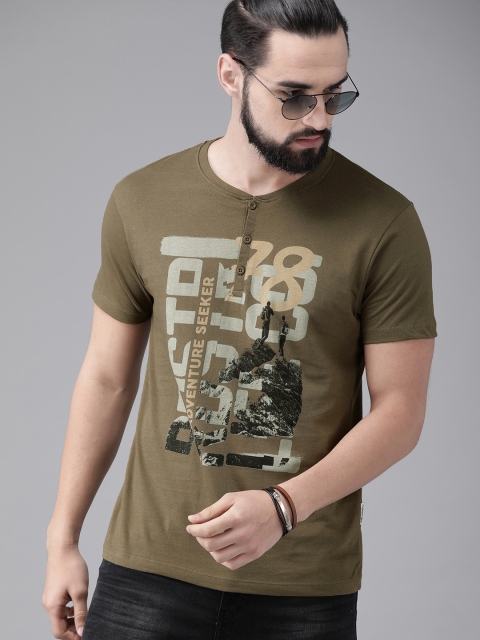 

Roadster Men Olive Green Printed Henley Neck T-shirt