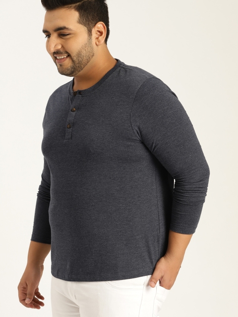 

Sztori Plus Size Men Navy Blue Solid Henley Neck T-shirt