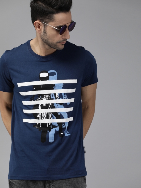 

Roadster Men Blue Printed Round Neck T-shirt