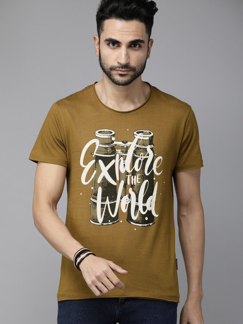 

The Roadster Lifestyle Co Men Olive Brown Printed Round Neck Pure Cotton T-shirt