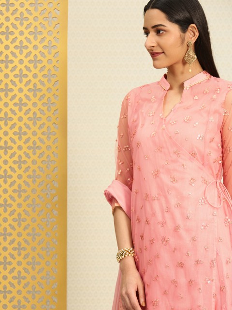 

House of Pataudi Women Pink Embroidered Kurta with Skirt & Dupatta