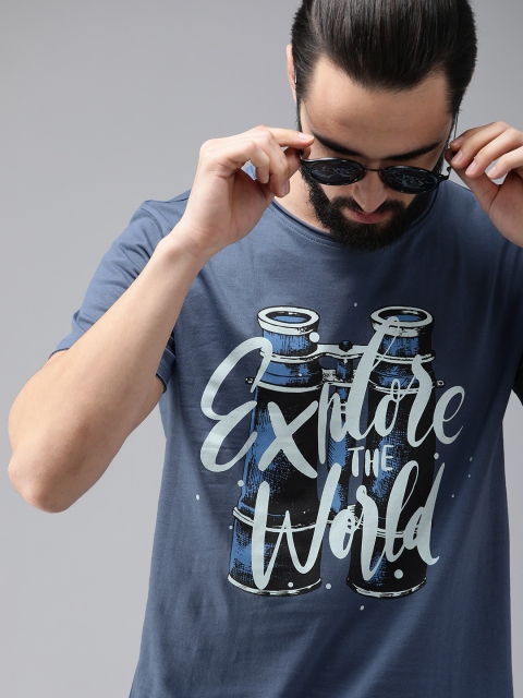 

The Roadster Lifestyle Co Men Blue Printed Round Neck Pure Cotton T-shirt