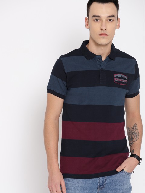 

Roadster Men Blue & Maroon Striped Polo Collar T-shirt