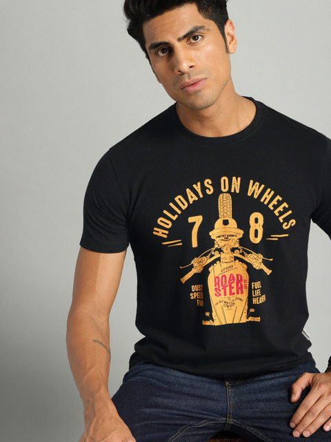 

Roadster Men Black Printed Round Neck T-shirt