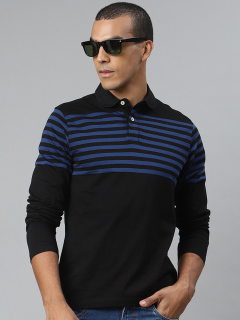 

The Roadster Lifestyle Co Men Black Cotton Striped Polo Collar T-shirt