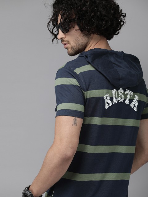 

The Roadster Lifestyle Co Men Navy Blue Green Striped Hood Pure Cotton T-shirt