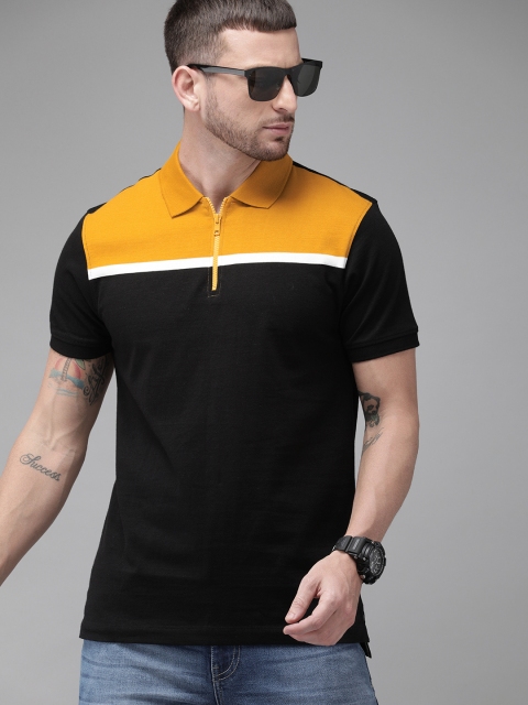 

Roadster Men Black & Mustard Yellow Colourblocked Polo Collar T-shirt