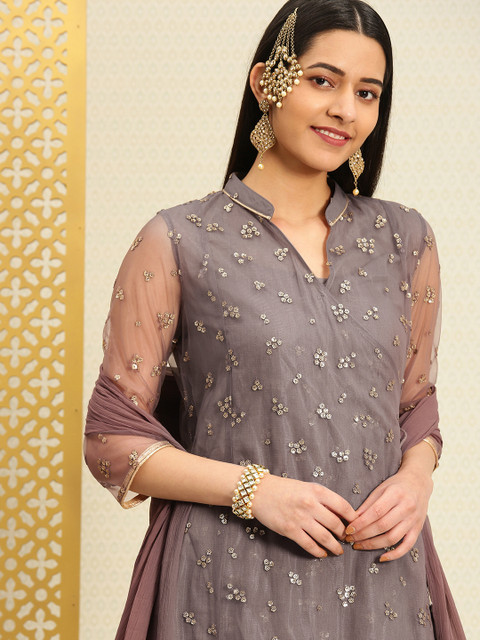 

House of Pataudi Women Grey Embellished Fusion Angrakha Kurta with Skirt & Dupatta