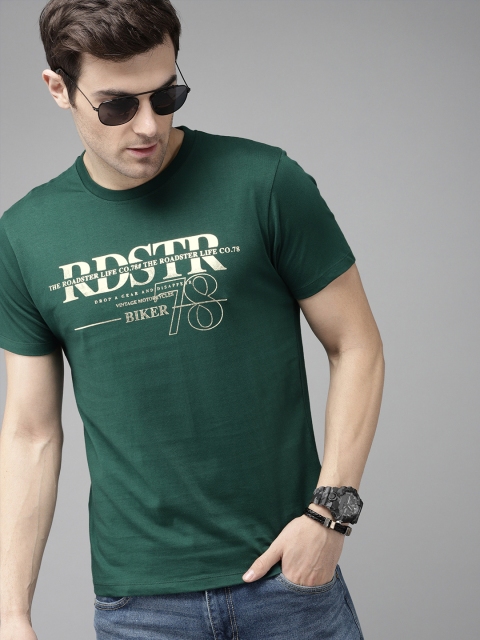 

The Roadster Lifestyle Co Men Teal Green Printed Round Neck Pure Cotton T-shirt