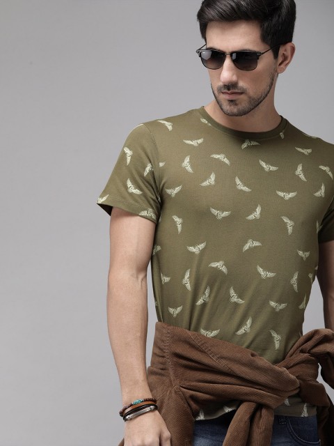 

Roadster Men Olive Green Printed Round Neck T-shirt