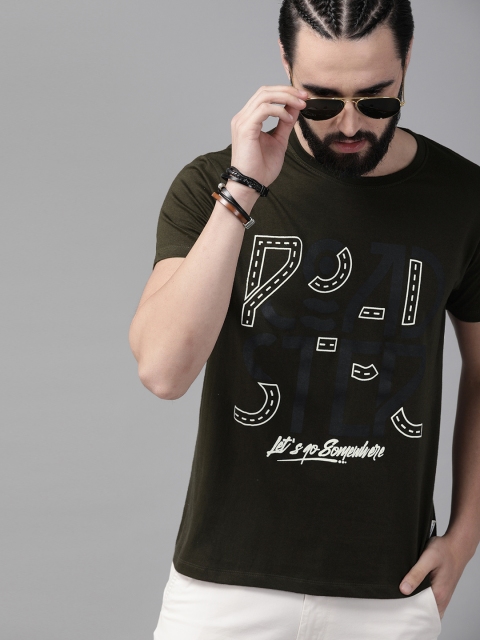 

Roadster Men Olive Green Graphic Printed Round Neck T-shirt
