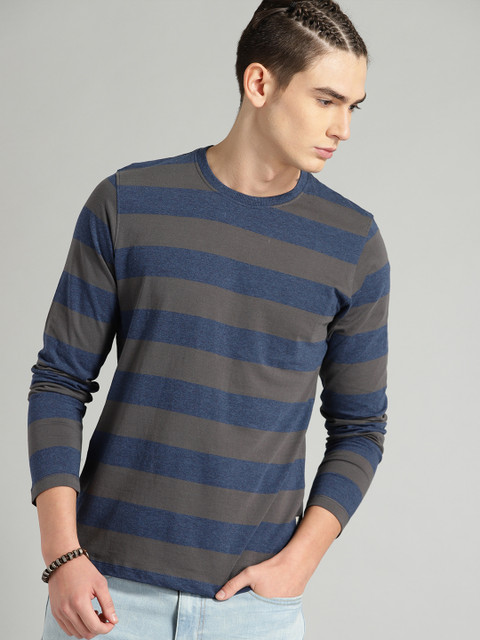 

Roadster Men Navy Blue & Charcoal Grey Striped Round Neck T-shirt