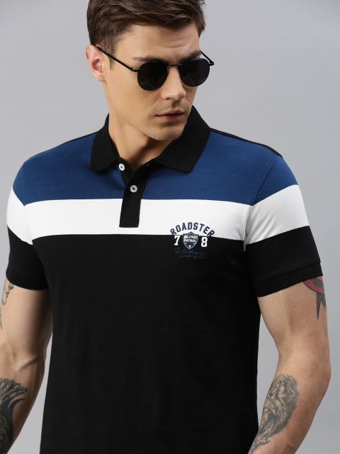 

The Roadster Lifestyle Co Men Black Blue Colourblocked Polo Collar Pure Cotton T-shirt
