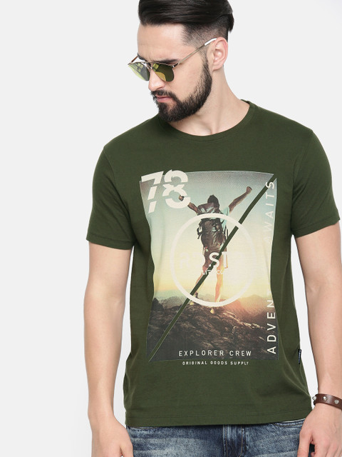 

Roadster Men Olive Green Printed Round Neck Pure Cotton T-shirt