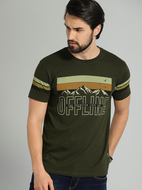 

Roadster Men Olive Green Printed Round Neck T-shirt
