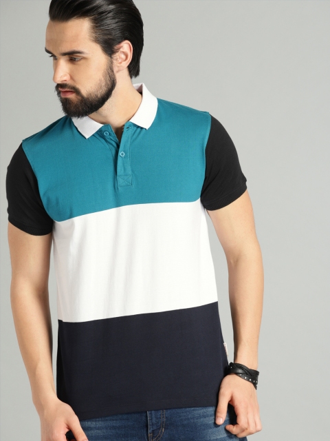 

The Roadster Lifestyle Co Men Blue White Colourblocked Polo Pure Cotton T-shirt