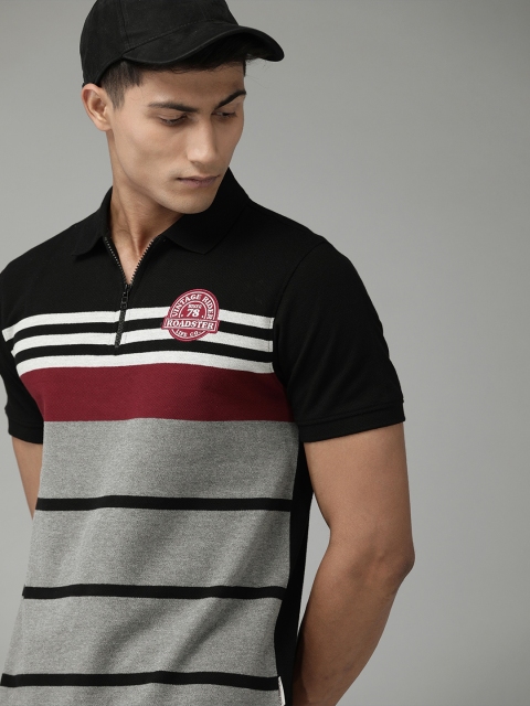 

Roadster Men Grey Black Striped Polo Collar Pure Cotton T-shirt