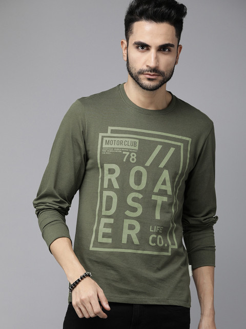 

Roadster Men Olive Green Printed Round Neck T-shirt