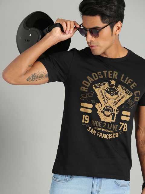 

Roadster Men Black & Brown Printed Round Neck T-shirt