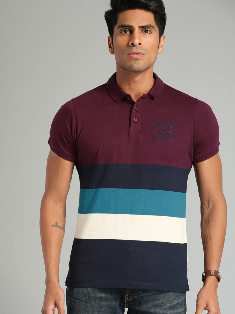 

Roadster Men Maroon & Blue Striped Polo T-shirt