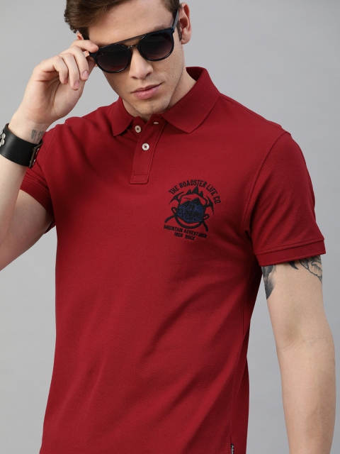 

Roadster Men Red Solid Polo Collar T-shirt with Embroidered Detail