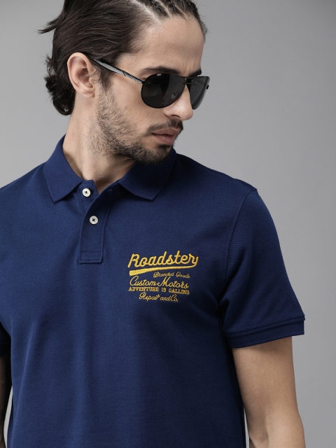 

Roadster Men Navy Blue Solid Polo Collar T-shirt With Embroidered Detail