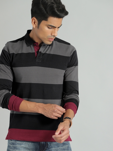 

Roadster Men Charcoal Grey & Black Striped Polo Collar T-shirt