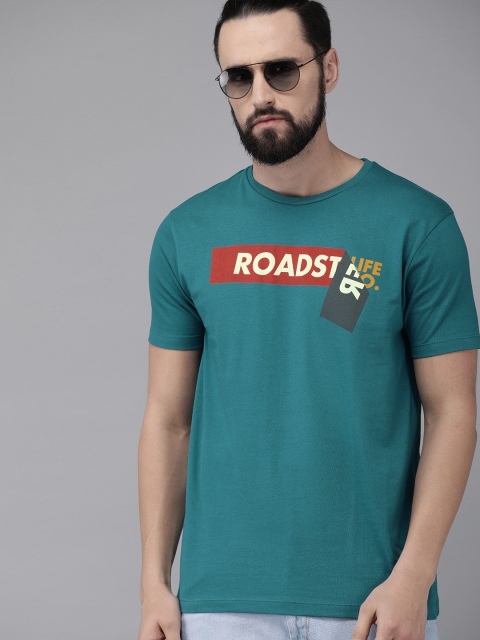 

Roadster Men Teal Blue Printed Round Neck T-shirt