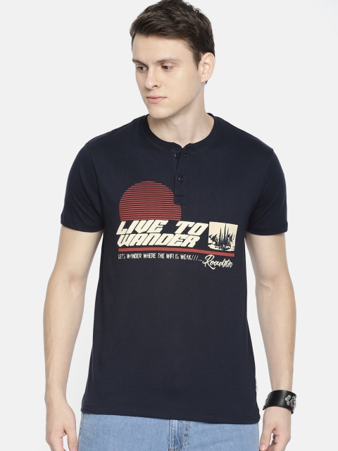 

Roadster Men Navy Blue Printed Henley Neck T-shirt