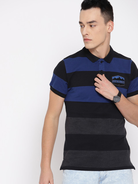 

Roadster Men Black & Navy Blue Striped Polo Collar T-shirt