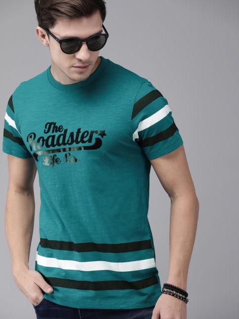 

Roadster Men Teal Blue & Black Printed Round Neck T-shirt