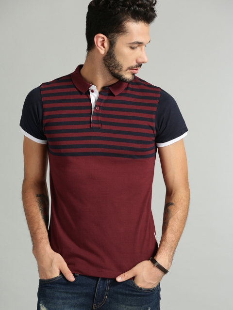 

The Roadster Lifestyle Co Men Maroon & Navy Striped Polo Collar T-shirt