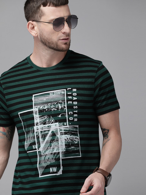 

Roadster Men Black Striped Round Neck T-shirt With Printed Detailing