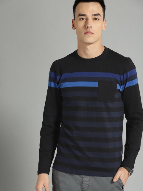 

Roadster Men Black & Blue Striped Round Neck T-shirt