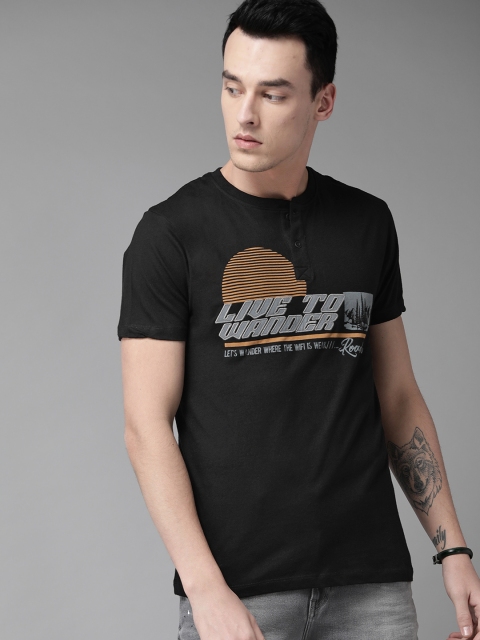 

Roadster Men Black & Grey Printed Henley Neck T-shirt