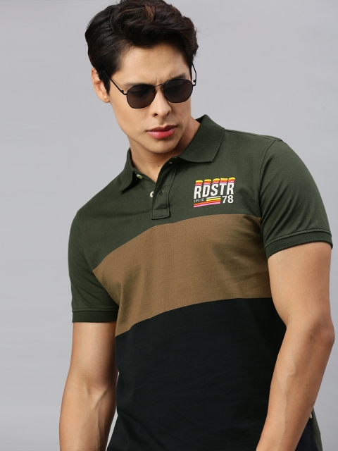 

Roadster Men Olive Green Brown Colourblocked Polo Collar Pure Cotton T-shirt