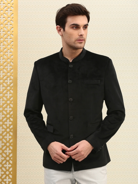 

House of Pataudi Men Black Solid Regular Fit Velvet Bandhgala Party Blazer