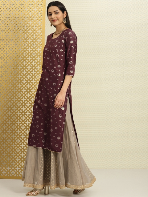 

House of Pataudi Women Burgundy & Gold-Coloured Printed Straight Kurta