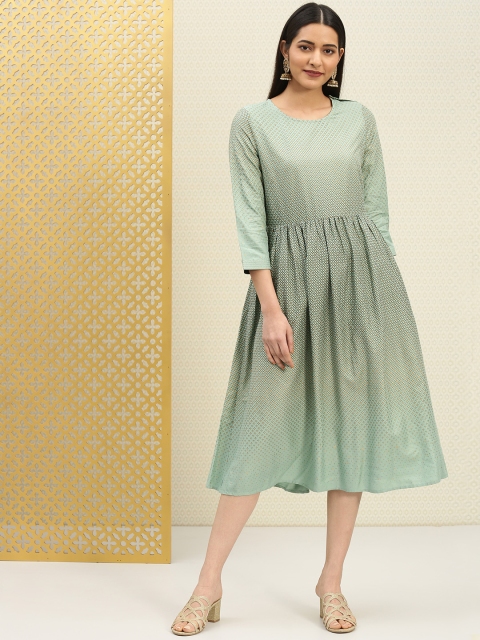 

House of Pataudi Women Sea Green & Gold-Toned Printed A-Line Dress
