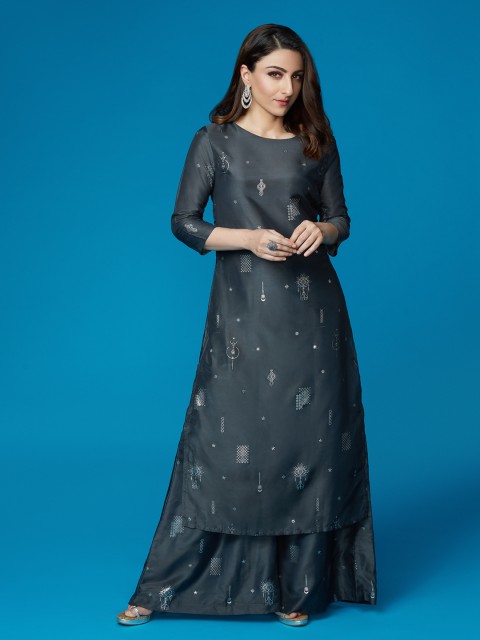 

House of Pataudi Women Grey & Silver-Toned Printed Straight Kurta