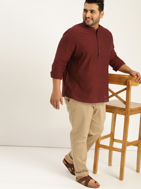 

Sztori Plus Size Men Maroon Solid Straight Kurta
