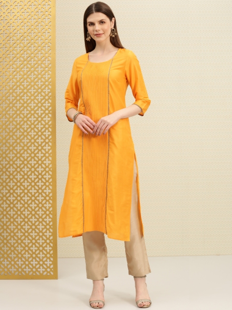 

House of Pataudi Women Mustard Yellow Solid Straight Kurta