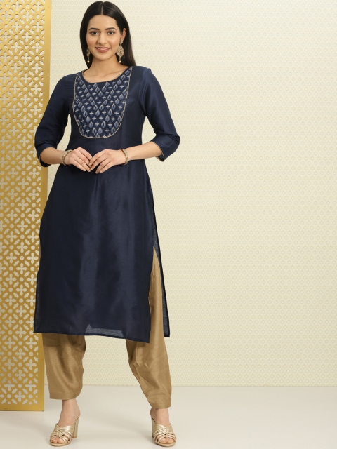 

House of Pataudi Women Navy Blue Embroidered A-Line Kurta