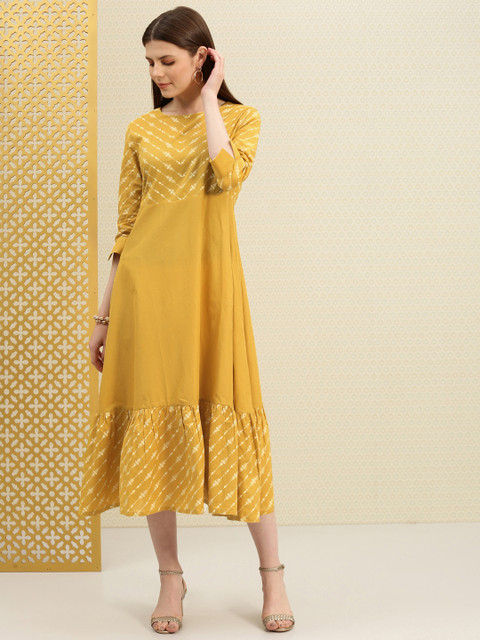 

House of Pataudi Women Mustard Yellow Printed A-Line Midi Dress