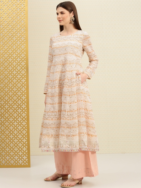 

House of Pataudi Women Off White & Mustard Yellow Foil Printed A-Line Kurta